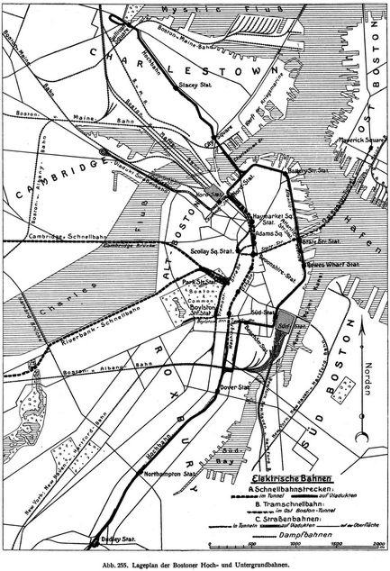 Abb. 255. Lageplan der Bostoner Hoch- und Untergrundbahnen.
