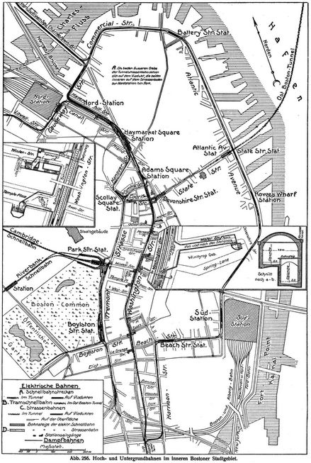 Abb. 256. Hoch- und Untergrundbahnen im inneren Bostoner Stadtgebiet.