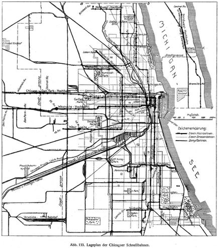 Abb. 133. Lageplan der Chicagoer Schnellbahnen.