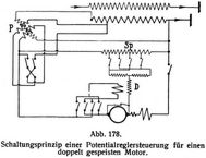 Abb. 178. Schaltungsprinzip einer Potentialreglersteuerung für einen doppelt gespeisten Motor.
