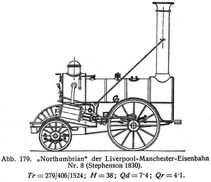 Abb. 179. »Northumbrian« der Liverpool-Manchester-Eisenbahn Nr. 8 (Stephenson 1830).