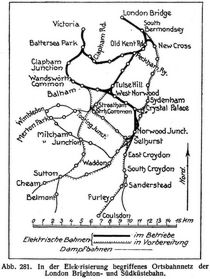 Abb. 281. In der Elektrisierung begriffenes Ortsbahnnetz der London Brighton- und Südküstebahn.
