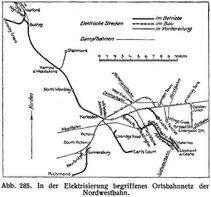 Abb. 285. In der Elektrisierung begriffenes Ortsbahnnetz der Nordwestbahn.